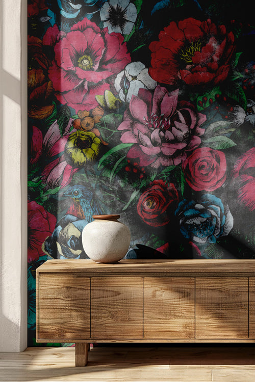 Red Rose Grunge Wallpaper : Dark Woodcut Floral Mural
