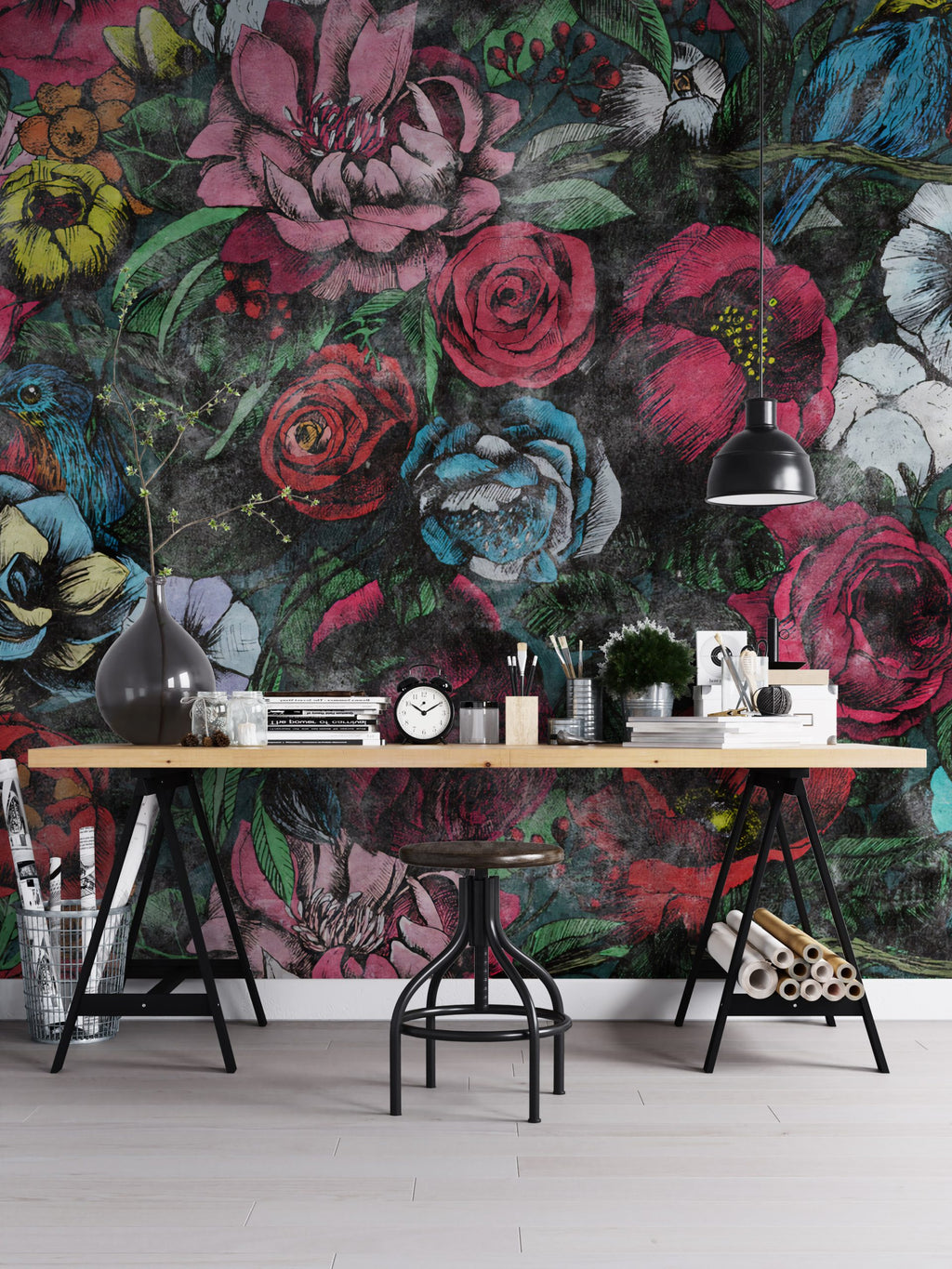 Red Rose Grunge Wallpaper : Dark Woodcut Floral Mural - View 3