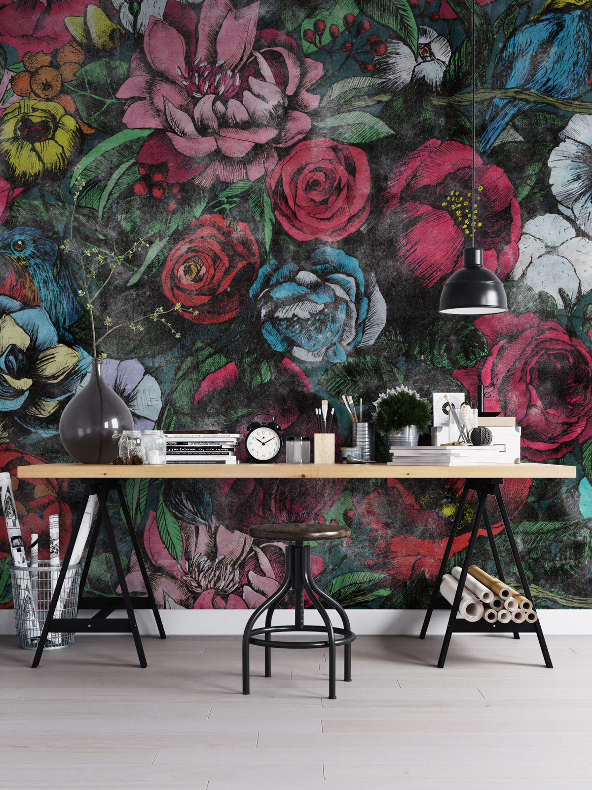 Red Rose Grunge Wallpaper : Dark Woodcut Floral Mural - View 3