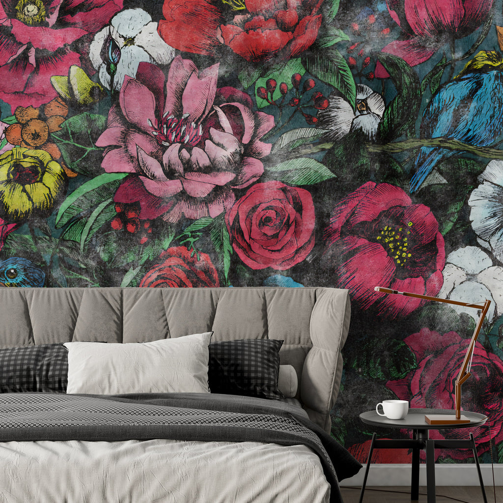 Red Rose Grunge Wallpaper : Dark Woodcut Floral Mural - View 4