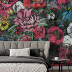 Red Rose Grunge Wallpaper : Dark Woodcut Floral Mural - View 4