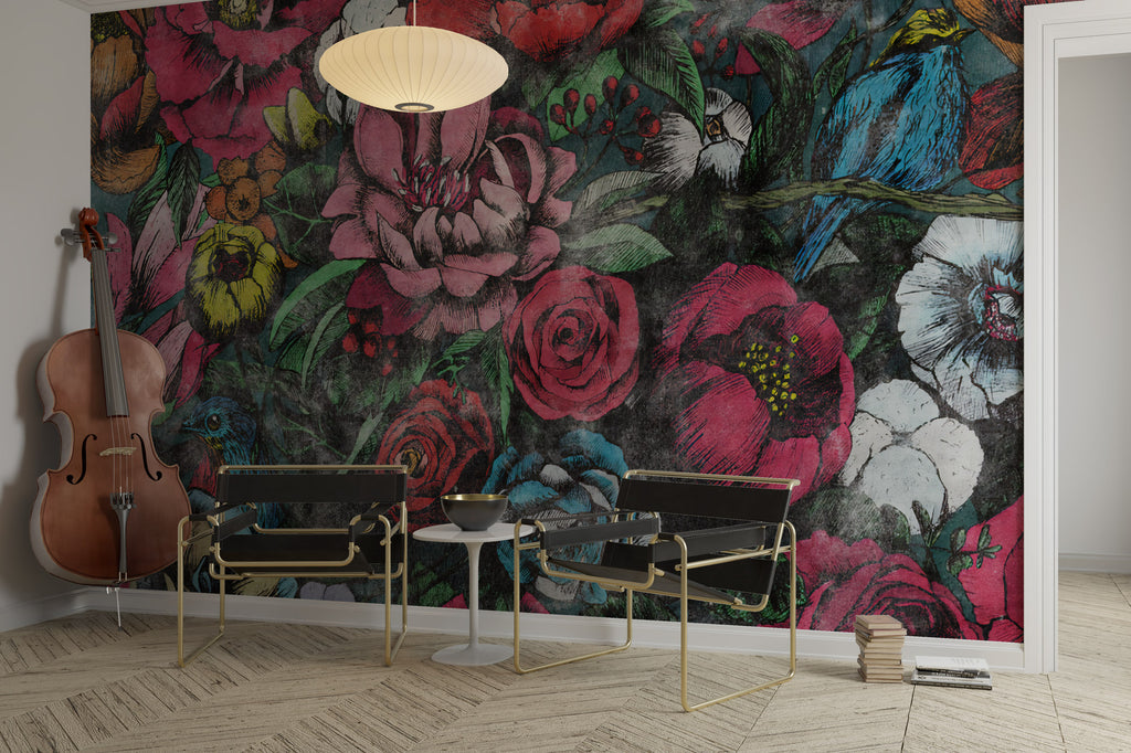 Red Rose Grunge Wallpaper : Dark Woodcut Floral Mural - View 5