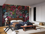 Red Rose Grunge Wallpaper : Dark Woodcut Floral Mural - View 6