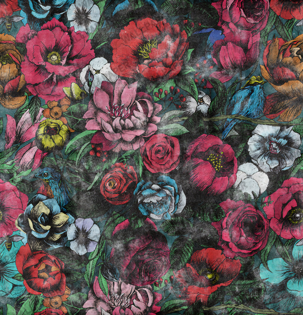 Red Rose Grunge Wallpaper : Dark Woodcut Floral Mural - View 2