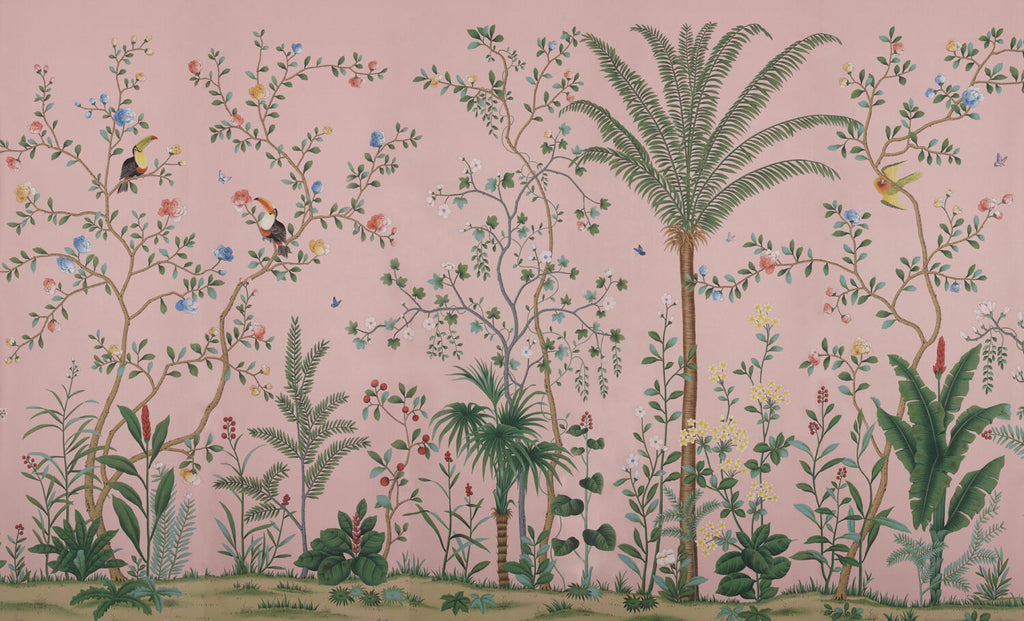 Blush Chinoiserie Garden Wallpaper : Blossom Trees and Birds Mural - flat design