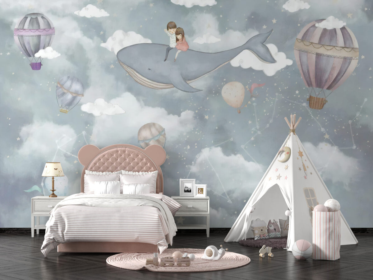 Flying Whale Wallpaper : Hot Air Balloons and Clouds Nursery Mural