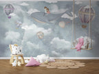 Flying Whale Wallpaper : Hot Air Balloons and Clouds Nursery Mural - View 2