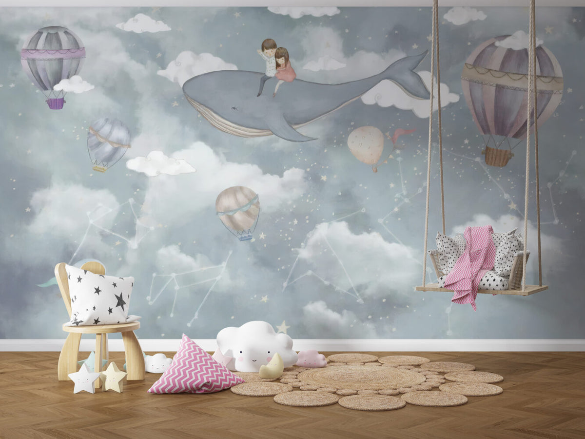 Flying Whale Wallpaper : Hot Air Balloons and Clouds Nursery Mural - View 2