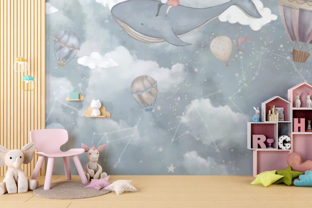 Flying Whale Wallpaper : Hot Air Balloons and Clouds Nursery Mural - View 3