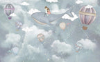 Flying Whale Wallpaper : Hot Air Balloons and Clouds Nursery Mural - flat design