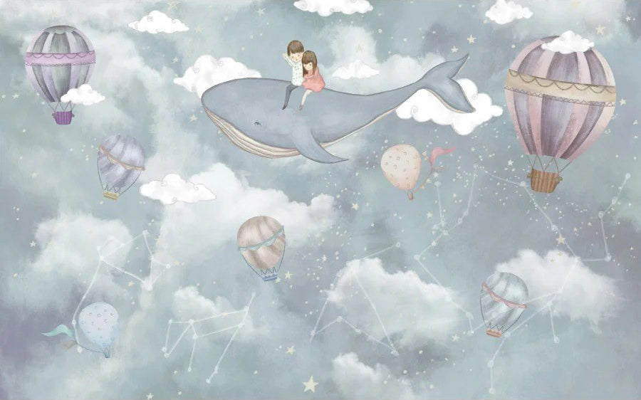 Flying Whale Wallpaper : Hot Air Balloons and Clouds Nursery Mural - flat design