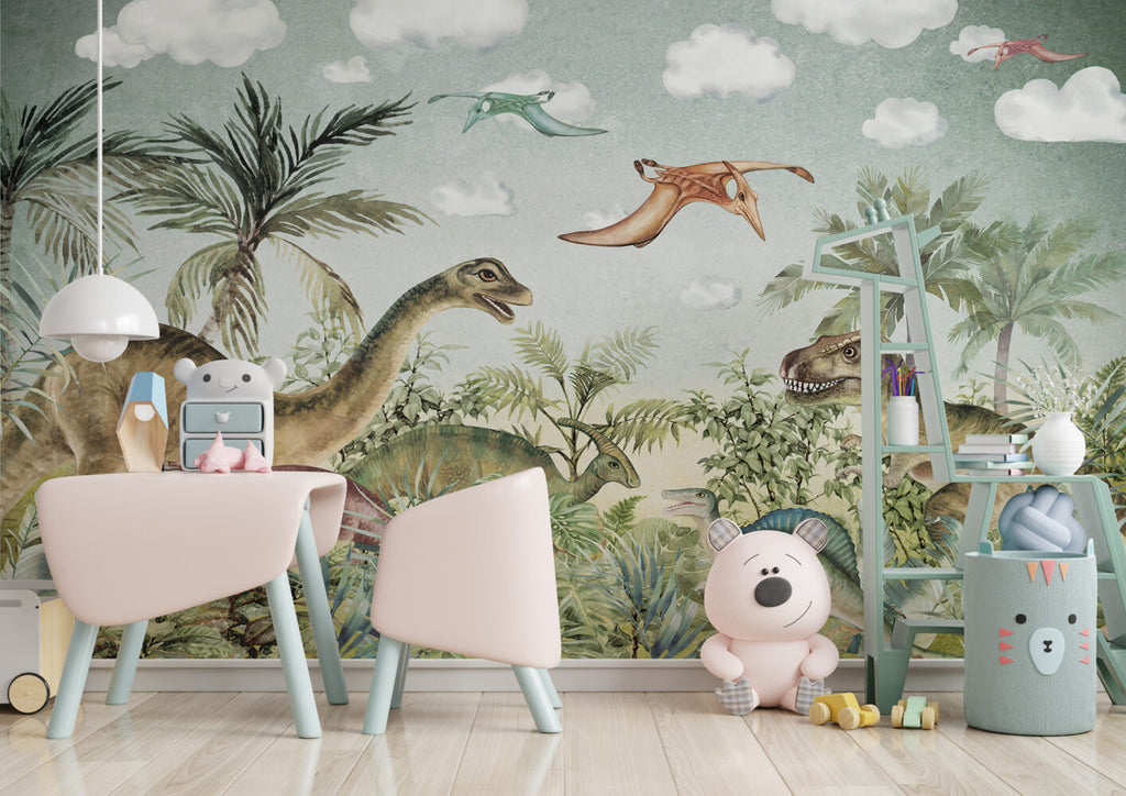 Dinosaur Jungle Wallpaper : Friendly Dinosaurs and Ferns Kids Mural - View 2