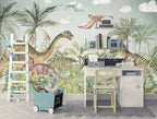Dinosaur Jungle Wallpaper : Friendly Dinosaurs and Ferns Kids Mural - View 3