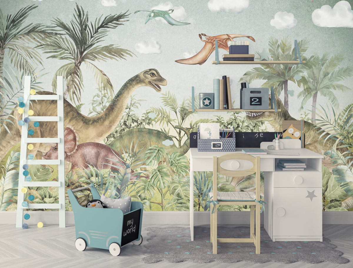 Dinosaur Jungle Wallpaper : Friendly Dinosaurs and Ferns Kids Mural - View 3