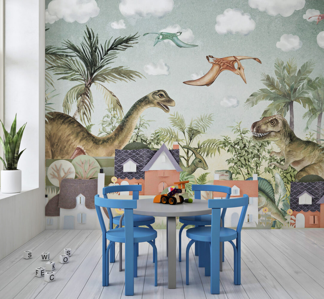 Dinosaur Jungle Wallpaper : Friendly Dinosaurs and Ferns Kids Mural - View 4
