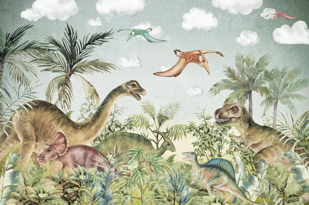 Dinosaur Jungle Wallpaper : Friendly Dinosaurs and Ferns Kids Mural - flat design