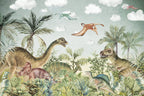 Dinosaur Jungle Wallpaper : Friendly Dinosaurs and Ferns Kids Mural - flat design