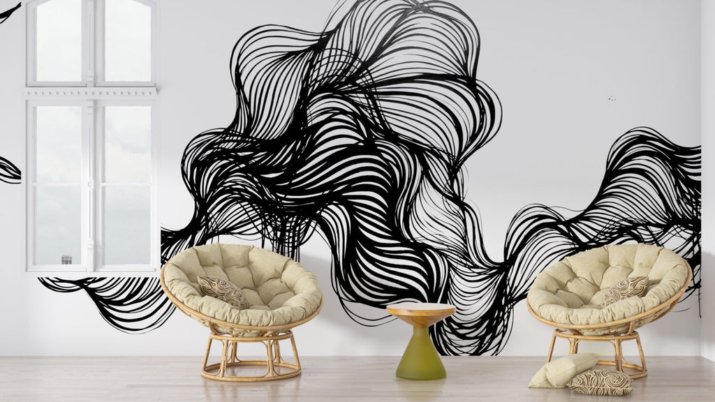 Black Line Swirl Wallpaper : Abstract Ink Wave Pattern Mural - View 2