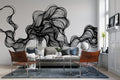 Black Line Swirl Wallpaper : Abstract Ink Wave Pattern Mural