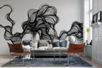 Black Line Swirl Wallpaper : Abstract Ink Wave Pattern Mural