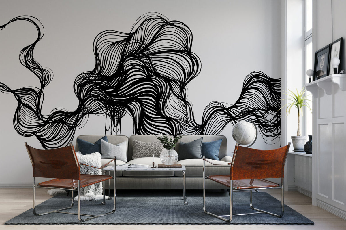 Black Line Swirl Wallpaper : Abstract Ink Wave Pattern Mural
