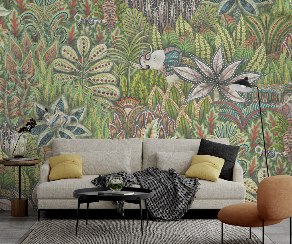 Green Jungle Plant Wallpaper : Dense Tropical Foliage Pattern Mural - View 5