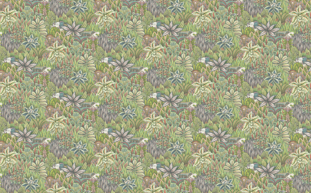Green Jungle Plant Wallpaper : Dense Tropical Foliage Pattern Mural - flat design