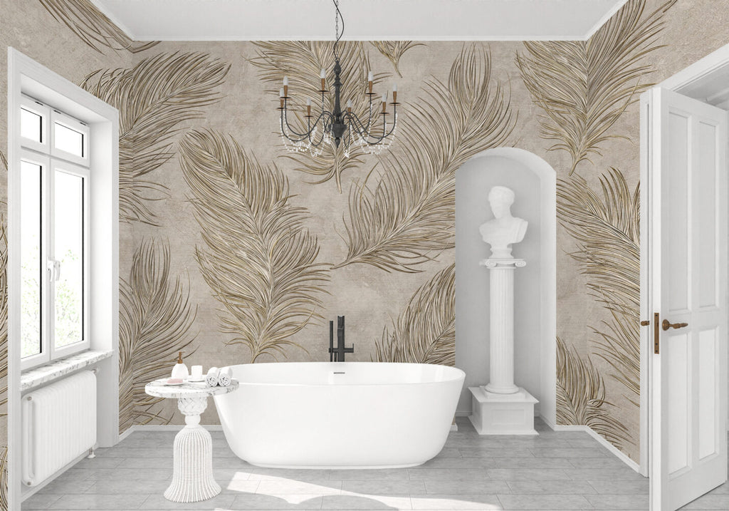 Beige Feather Wallpaper : Soft Golden Plumes Mural - View 2