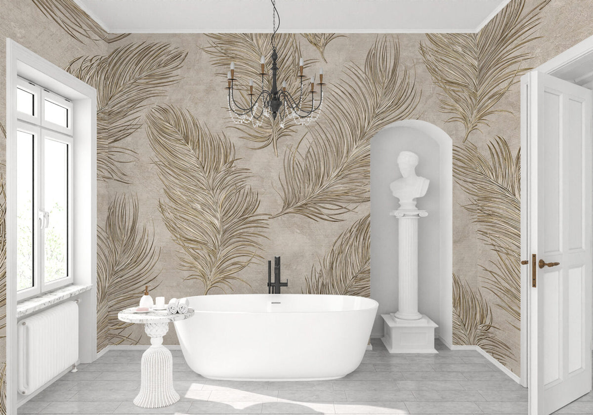 Beige Feather Wallpaper : Soft Golden Plumes Mural - View 2