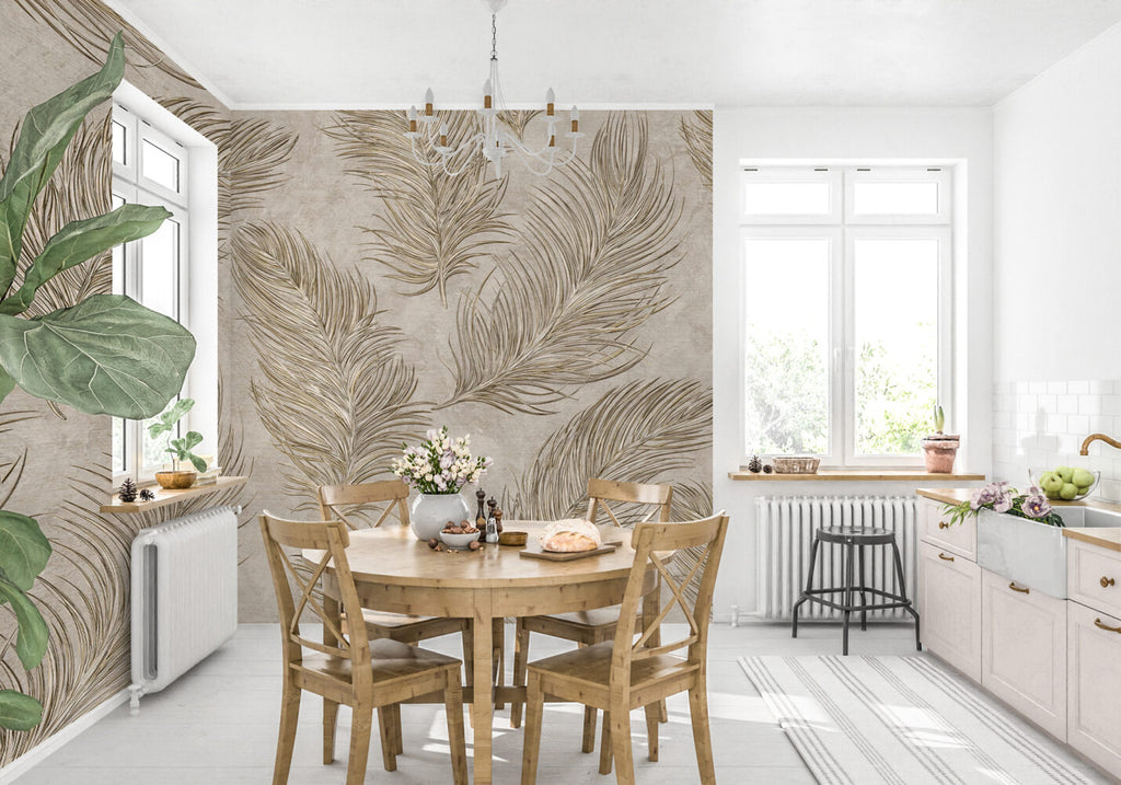 Beige Feather Wallpaper : Soft Golden Plumes Mural - View 3