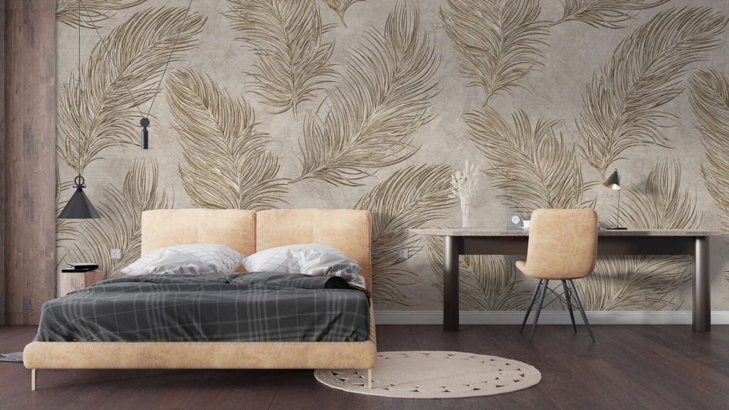 Beige Feather Wallpaper : Soft Golden Plumes Mural - View 4