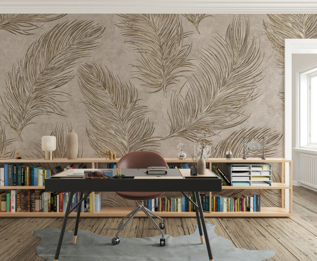 Beige Feather Wallpaper : Soft Golden Plumes Mural