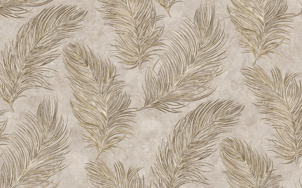 Beige Feather Wallpaper : Soft Golden Plumes Mural - flat design