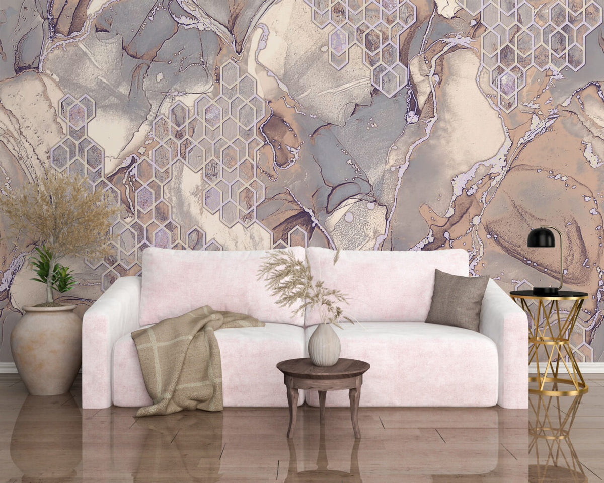 Geometric Marble Wallpaper : Mauve Stone with Hexagons Mural - View 3