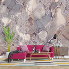 Geometric Marble Wallpaper : Mauve Stone with Hexagons Mural