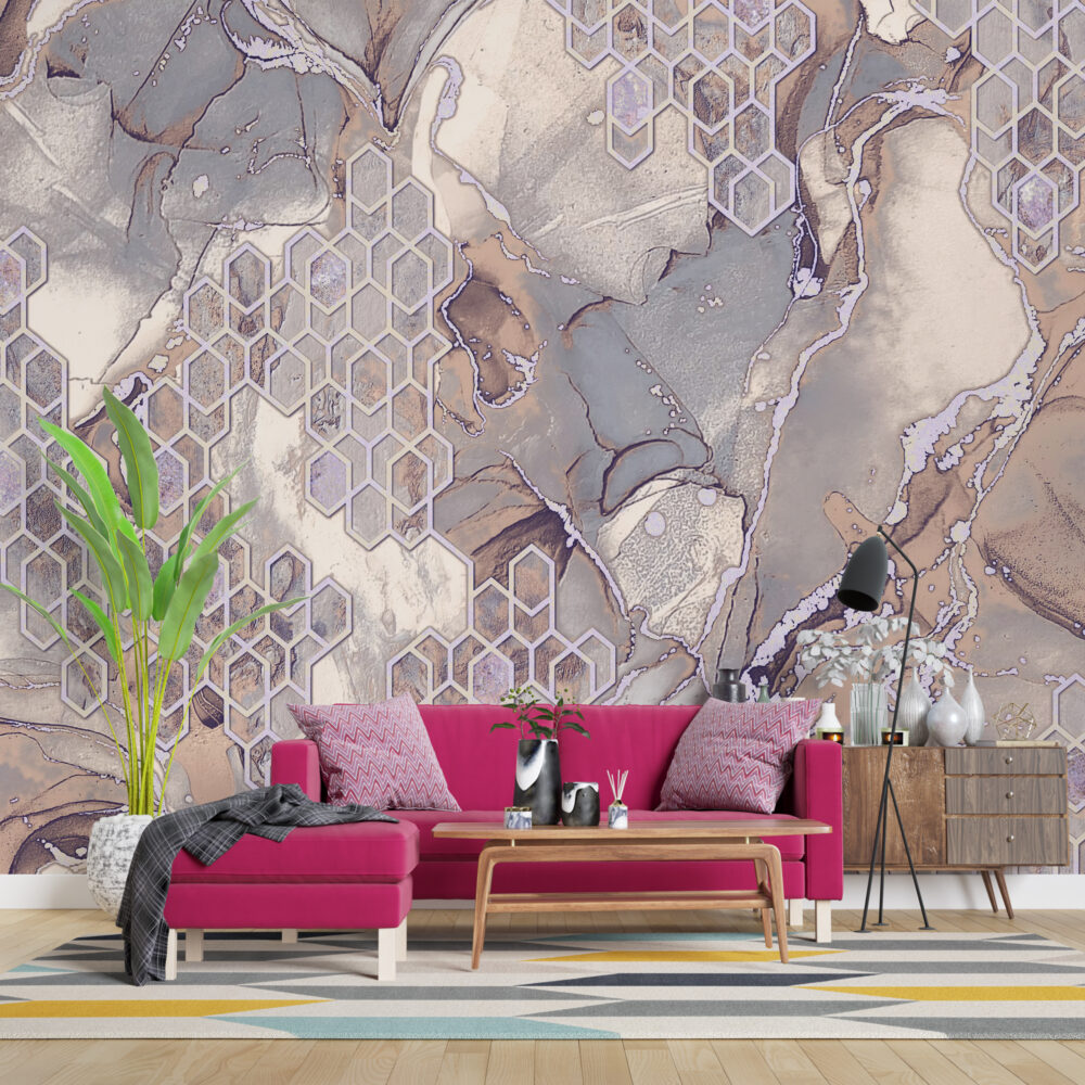 Geometric Marble Wallpaper : Mauve Stone with Hexagons Mural