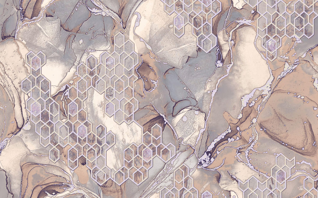 Geometric Marble Wallpaper : Mauve Stone with Hexagons Mural - flat design