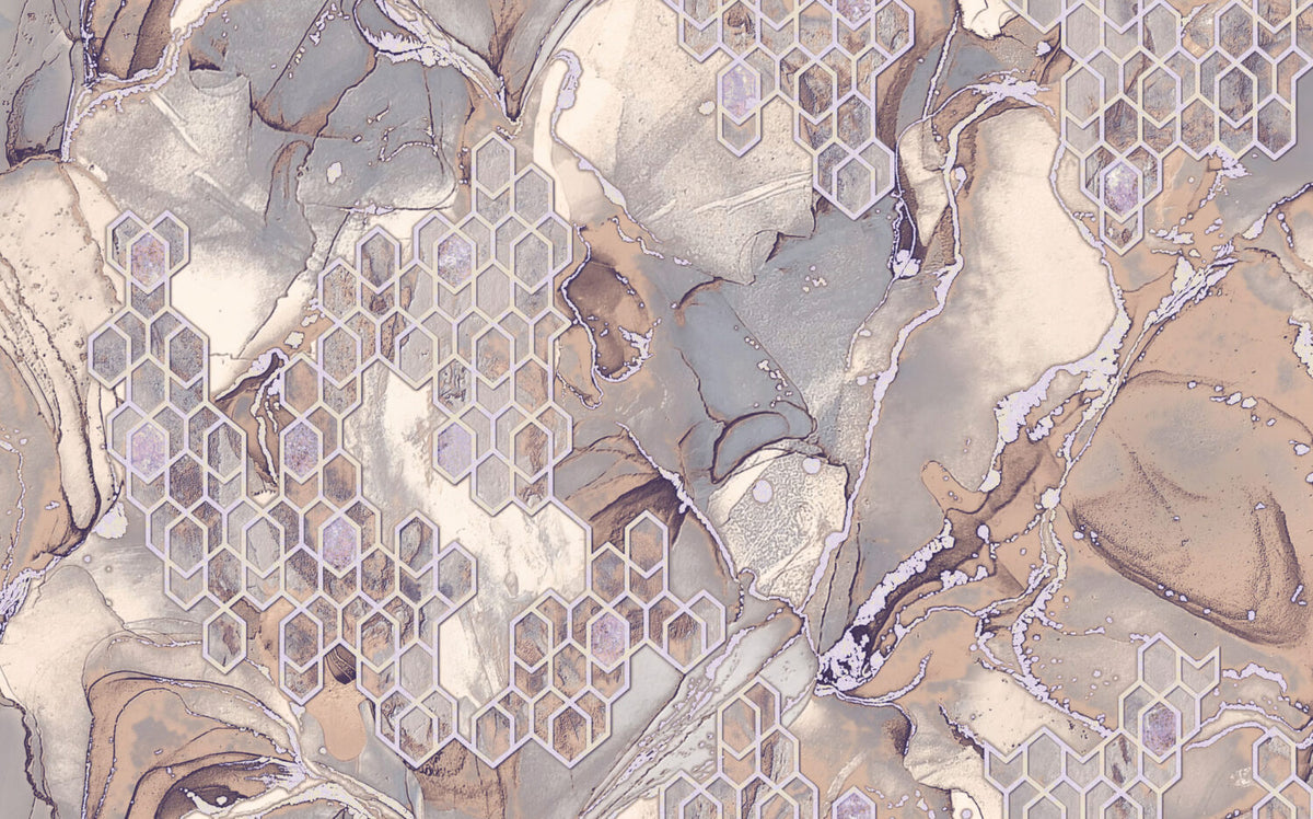 Geometric Marble Wallpaper : Mauve Stone with Hexagons Mural - flat design