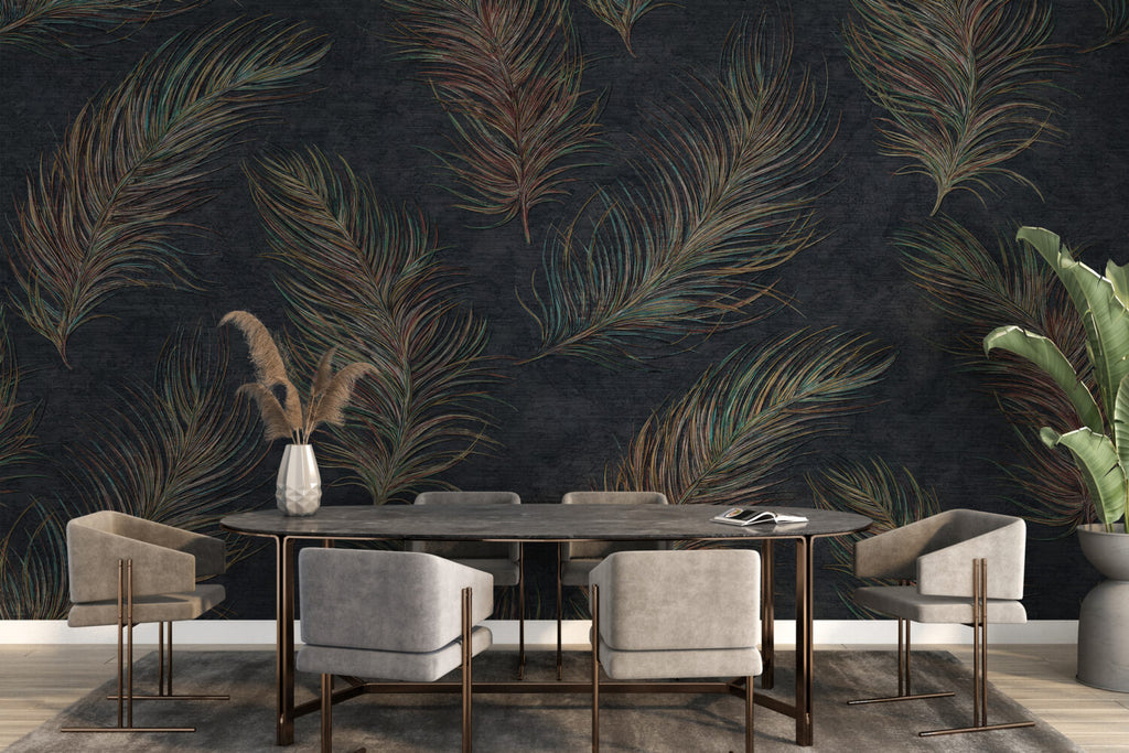 Colorful Feather Wallpaper : Gradient Plumes on Charcoal Mural - View 2