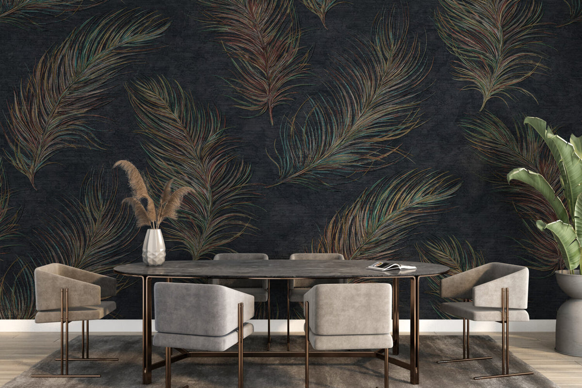 Colorful Feather Wallpaper : Gradient Plumes on Charcoal Mural - View 2