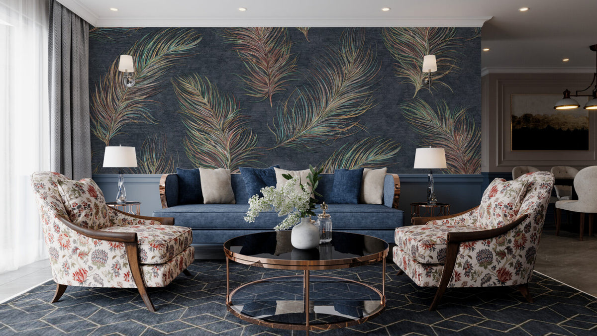 Colorful Feather Wallpaper : Gradient Plumes on Charcoal Mural - View 3