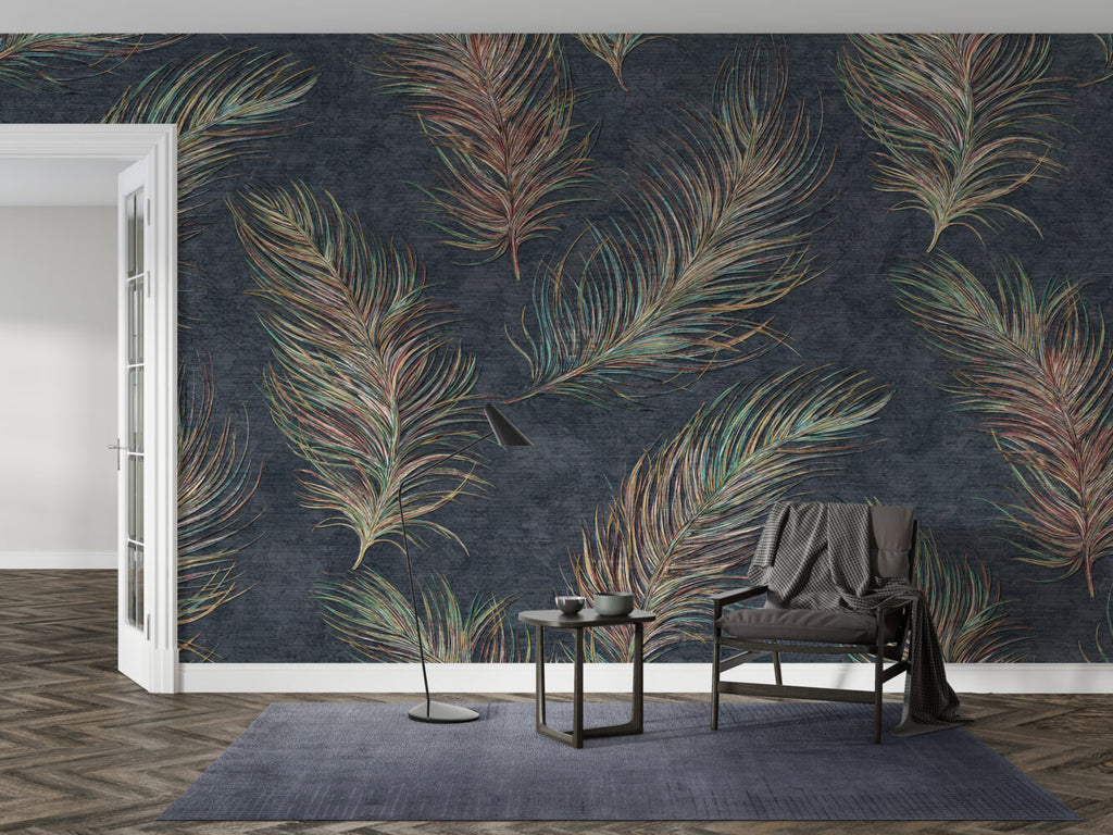 Colorful Feather Wallpaper : Gradient Plumes on Charcoal Mural