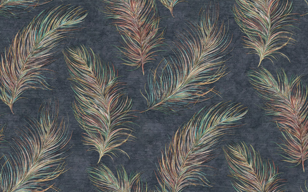 Colorful Feather Wallpaper : Gradient Plumes on Charcoal Mural - flat design