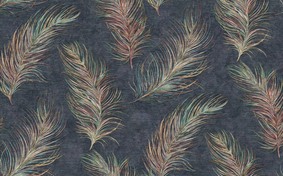 Colorful Feather Wallpaper : Gradient Plumes on Charcoal Mural - flat design