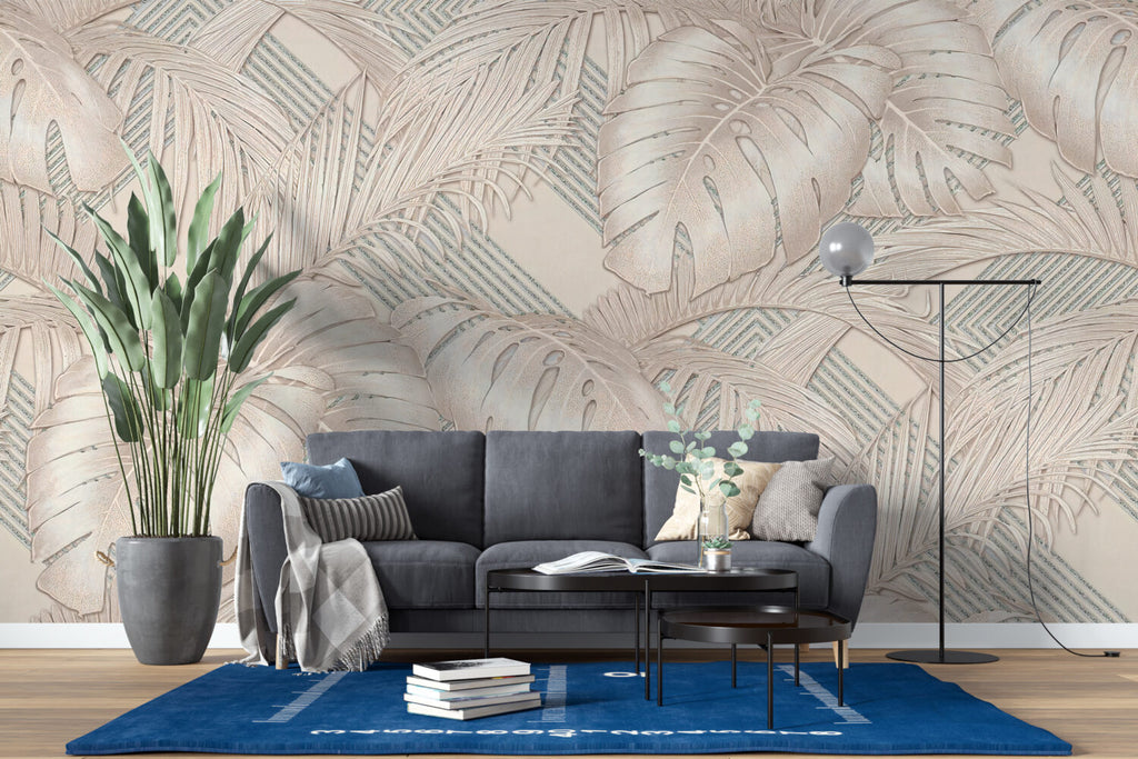 Beige Monstera Wallpaper : Embossed Leaf Effect Mural