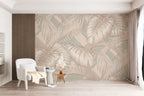Beige Monstera Wallpaper : Embossed Leaf Effect Mural - View 2