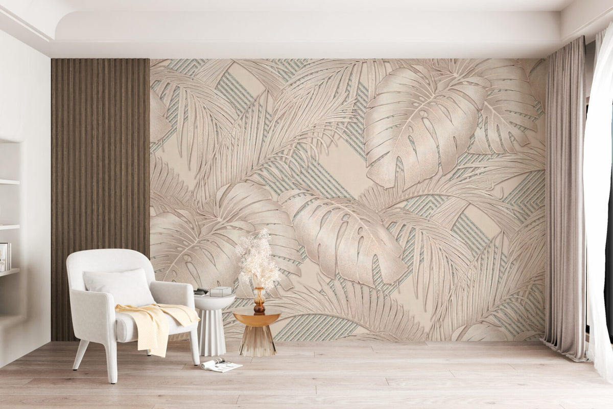 Beige Monstera Wallpaper : Embossed Leaf Effect Mural - View 2