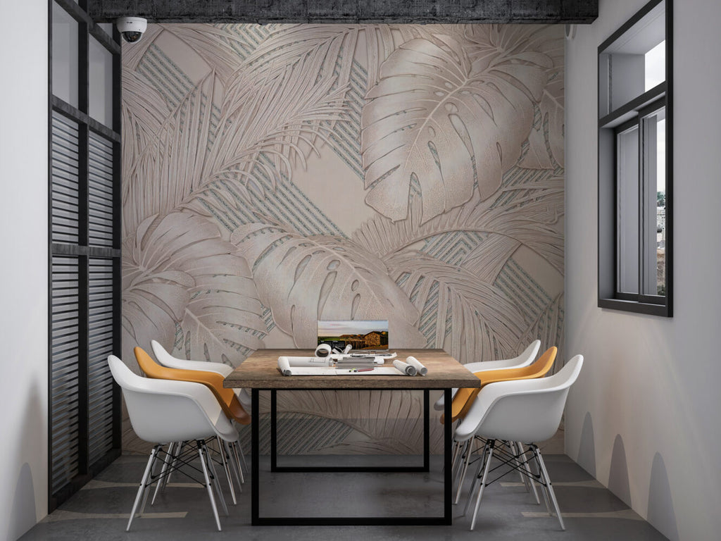 Beige Monstera Wallpaper : Embossed Leaf Effect Mural - View 3