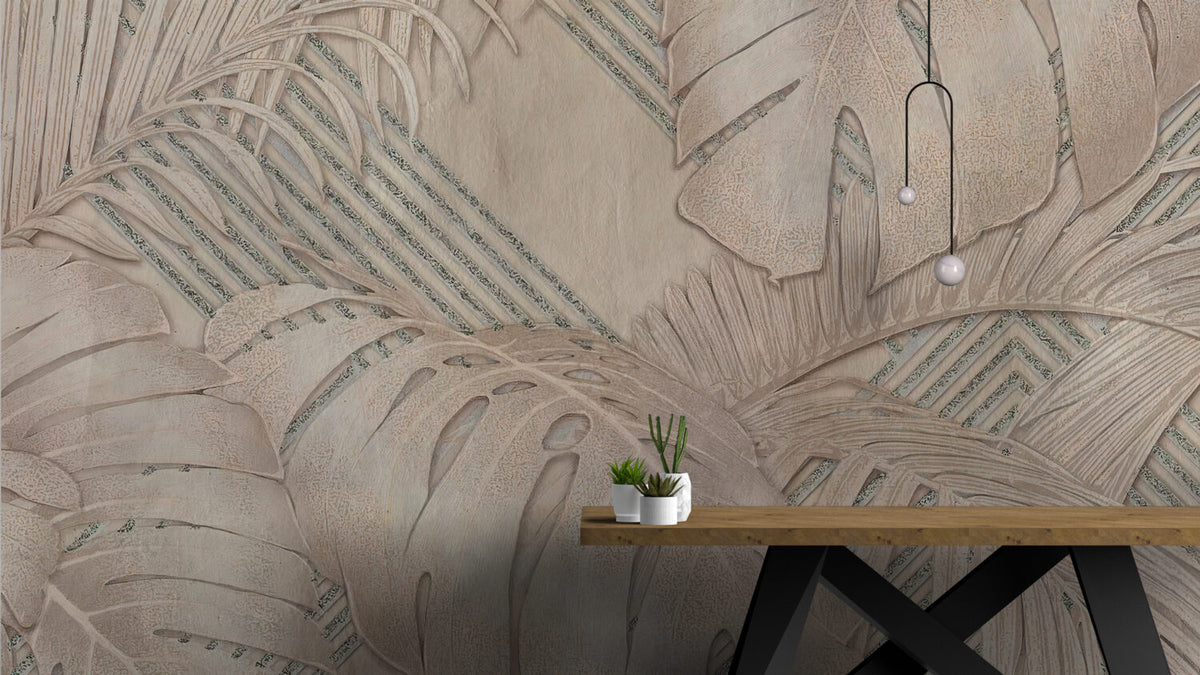 Beige Monstera Wallpaper : Embossed Leaf Effect Mural - View 4