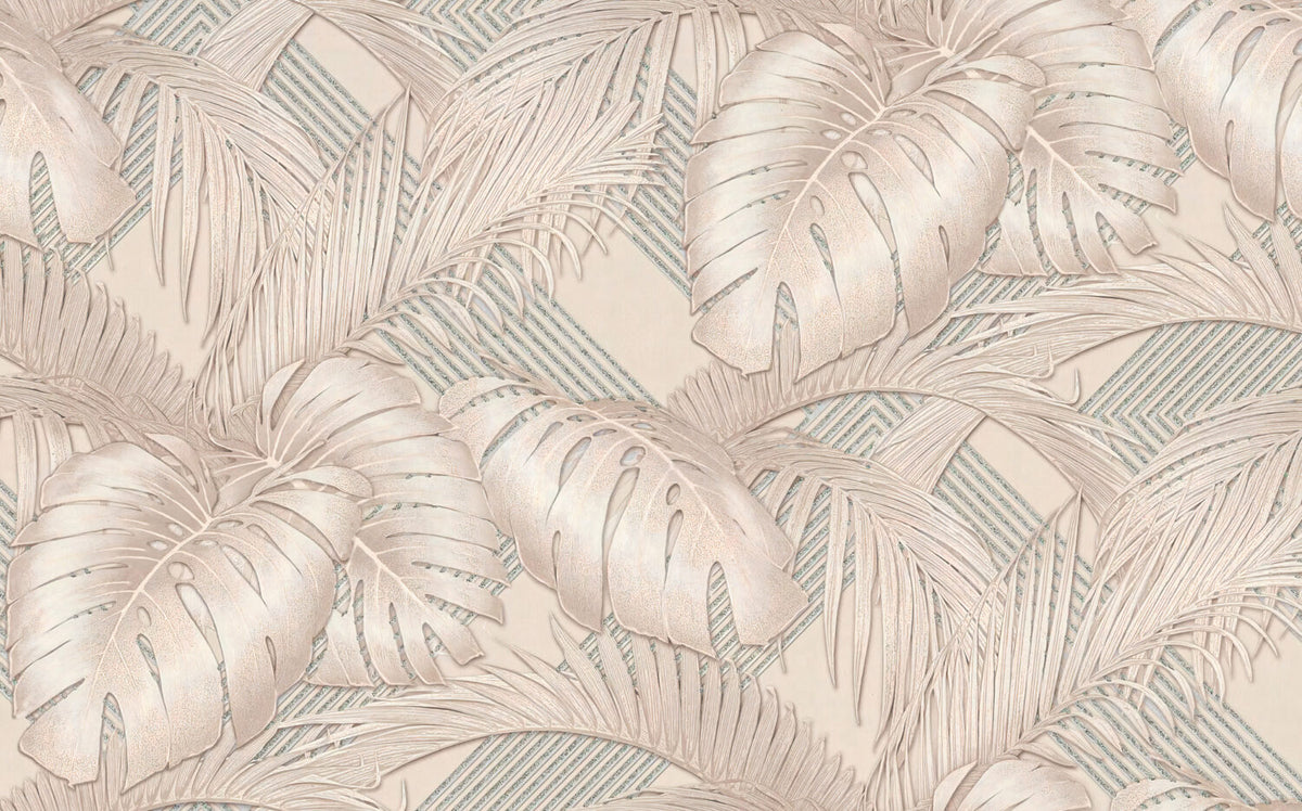 Beige Monstera Wallpaper : Embossed Leaf Effect Mural - flat design